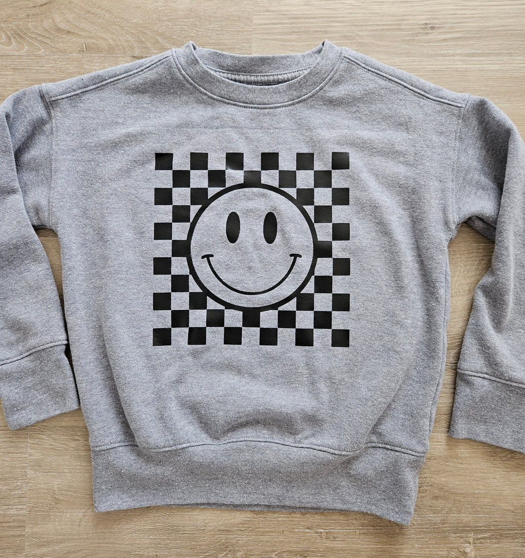 Youth Checkered Smiley Crewneck - Grey
