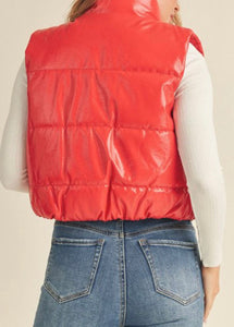 Faux Leather High Neck Zip Up Puffer Vest