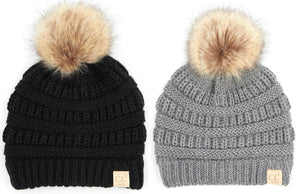 C.C Kids Solid Ribbed Beanie with Pom & Mitten Set