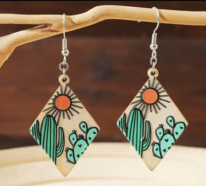 Cactus Sun - Wood Earrings