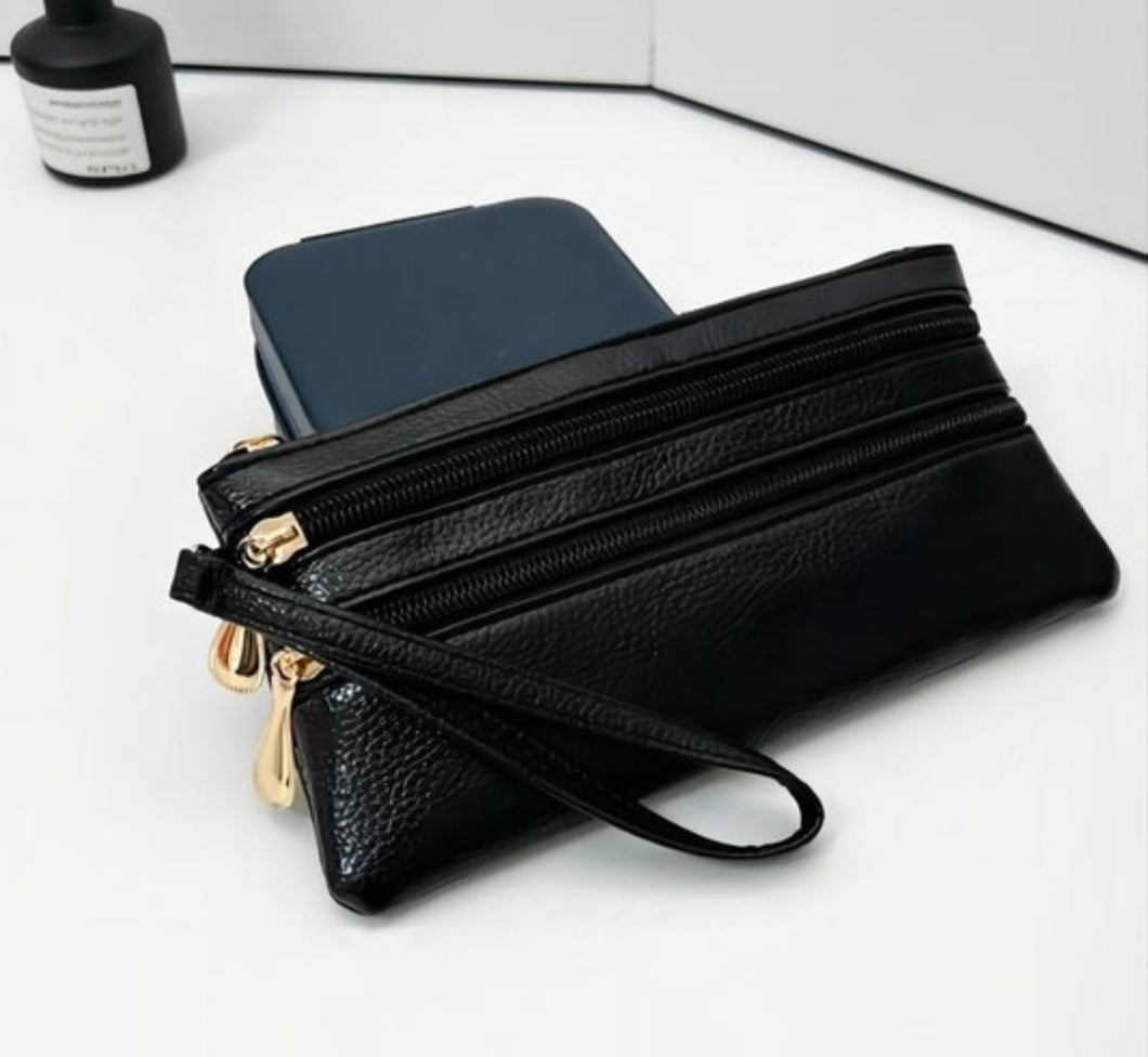 Vegan Leather Triple Zip Wrist Wallet Clutch Purse