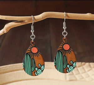 Cactus Sun - Wood Earrings