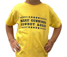 Load image into Gallery viewer, Kid’s Yellow Make Gunnison Cowboy Again T-shirt look
