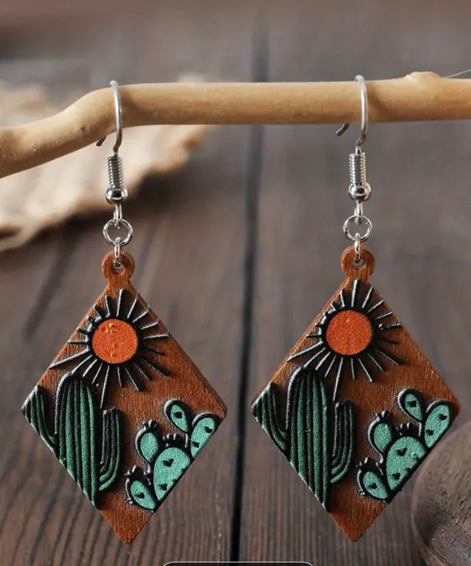 Cactus Sun - Wood Earrings