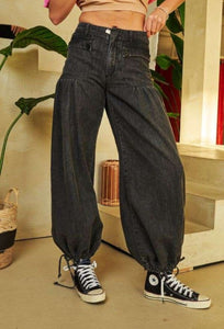 Wide Opening Adjustable Mid High Waist Denim Pants