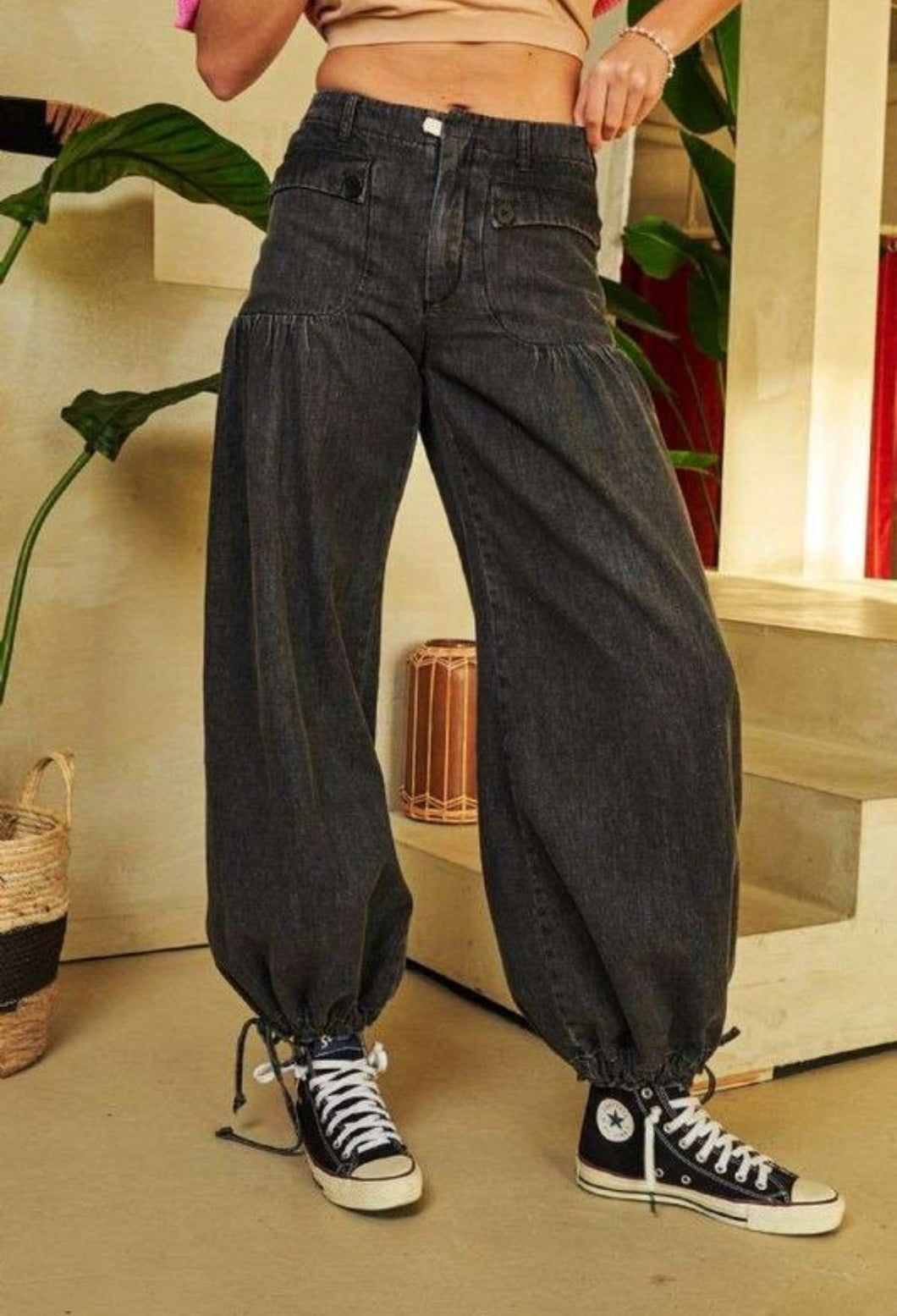 Wide Opening Adjustable Mid High Waist Denim Pants