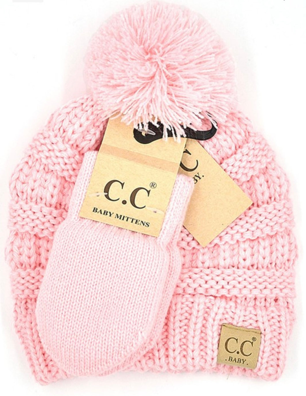 C.C Solid Ribbed Baby Pom Beanie and Mitten Glove